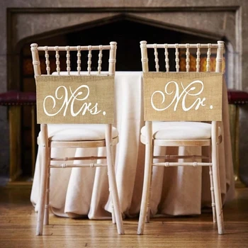 1 комплект, банер за сватбен стола Mr & Mrs, натурална чул, облегалката на седалката, непринуден стил, Свети Валентин, парти на открито, подпори за украса на сватбена душата