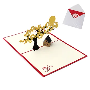 3D Изскачащи празнични поздравителни картички Къща на Череша дърво Коледен подарък за Деня На Благодарността