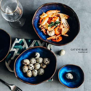 Градиент синя керамична купа, нередовни на салата за вечеря