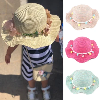 Детска сламена шапка за малки момичета, лятото, слънцезащитен крем, Сладка принцеса, мъниста, с пискюли за момичета, Плажна шапка, шапка, подпори за детска фотография