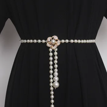 Модерен Елегантен дамски колани с имитация на перли, верига от сплав, Колани с бяла веригата с имитация на перли, Аксесоари за дамски Дрехи