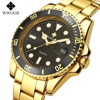 Мъжки часовник WWOOR 2023, луксозни аналогови кварцови часовници за мъже, златисто-черни спортни часовници за гмуркане, водоустойчиви часовници с автоматично дата от неръждаема стомана