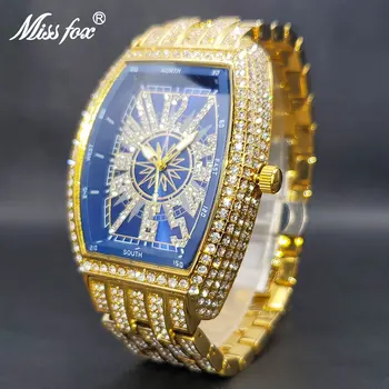 Нови сини кварцов мъжки часовници, злато, с диаманти и цирконием, луксозни часовници за голям китката, водоустойчив мъжки ръчни часовници с 3 бара, Директна доставка