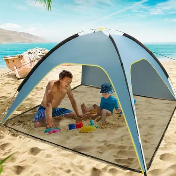 Преносима сверхлегкая плажна палатка за 2-3 човека с 3 отворени врати, Сгъваема беседка за нощуване на открито, Слънцезащитен крем със сребрист покритие през лятото