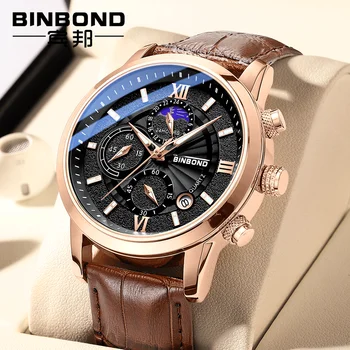 Часовници мъжки 2023 BINBOND, висок клас марка, луксозни и ежедневни кожени кварцов мъжки часовник, бизнес часовници, мъжки спортни водоустойчив часовник с дата, Хронограф