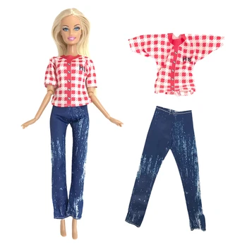 1 Комплект от модни дрехи за лятото： Червени карирани топ с къс ръкав + дънкови панталони за Барби кукли, аксесоари за момичета 292Q