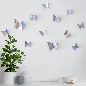 12 бр./компл., блестяща пеперуда, 3D стикер за стена, Декорация на детска стая, Хол, Пеперуди, Сватбен декор, художествени етикети, Стикери