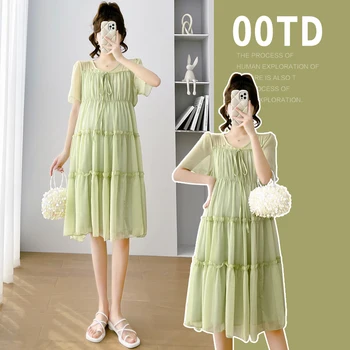 1932 # 2023 Лятото на корейското модно шифоновое рокля за бременни, скъпа широки дрехи трапецовидна форма в стил мозайка за бременни жени