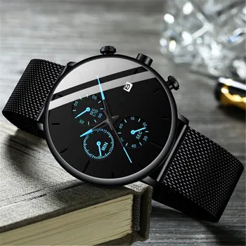 2022 Модни минималистичные часовници, мъжки тънки сини часовници с мрежесто колан от неръждаема стомана, мъжки бизнес ежедневни кварцов часовник