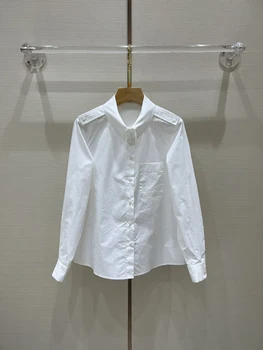 2023 г., е новост за жените, пролетни класически обикновена риза с отложным яка и дълги ръкави, с джобове, ежедневни блузи с бродерии, офис дамски блуза за подиум