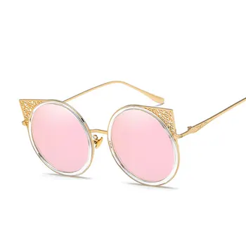 2023 Дамски Маркови Дизайнерски Луксозни Слънчеви очила Cateye, Модерни Метални Огледални Слънчеви очила в ретро стил с кръгли лещи, слънчеви очила, Горещо качество