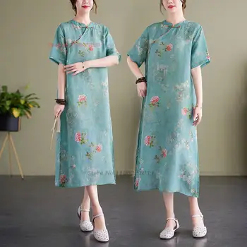 2023 китайското винтажное рокля чонсам женски памучни ленено рокля чонсам с националния цветисти принтом чай hanfu dress народно свободно рокля