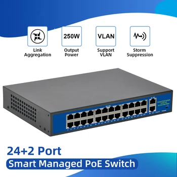 52 В Мрежов комутатор Ethernet POE 10/100/1000 Mbps 24 порта IEEE 802.3 af/at Идеален за IP камери/безжична точка за достъп/камера за видеонаблюдение 250 м