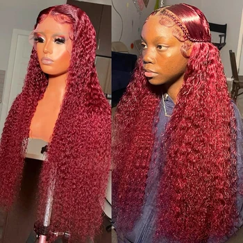 99J Цветни Перуки, изработени от човешка коса на дантели 13x4 бордо цвят, прозрачен перука с дълбока вълна на дантели, бразилски перука Реми с Т-образна част за жени