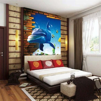 beibehang 3d картинки с делфини, монтиран на стената телевизор, подводен свят, стенни живопис, спалня, хол, декорация на дома, тапети