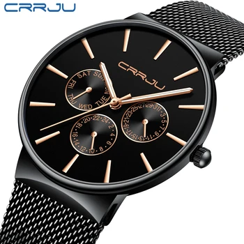 CRRJU 2019 Нови мъжки часовници, бизнес и ежедневни часовници с календар, мрежест каишка от неръждаема стомана за мъже erkek кол saati