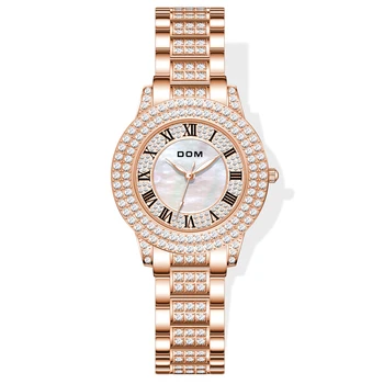 DOM Нови кварцови часовници с всички диаманти, луксозни водоустойчив часовник от неръждаема стомана, с розово злато, елегантни и оригинални кварцови часовници за жени G-1576