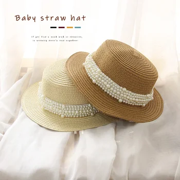 FOCUSNORM, 2 цвята, лятната сламена шапка за момичета, градинска, с широка периферия, морска, плажна, от слънцето, с плосък покрив, слънчеви шапки с перли