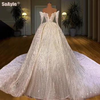 SoAyleTulle Винтажное арабското сватбена рокля, булчинска рокля с пайети във формата на Сърце, дълбоко V-образно деколте, дълъг ръкав, Елегантна Сватбена рокля на брега на морето