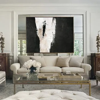 Абстрактна живопис Модерна черно-бяло абстрактно стенно изкуство, Абстрактна шарка Маслена живопис Ръчно рисувани Офис начало декор в подарък