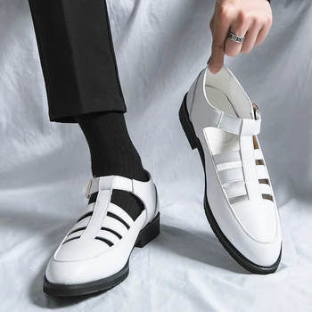 Бели мъжки сандали от естествена кожа, мъжки обувки за шофиране, нескользящая ежедневни мъжки кожени обувки с изрезки, удобни бизнес лоферы