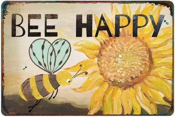 Дизайн на Ретро Метална тенекиен знаци, Ретро Слънчоглед, Щастлива Пчела (12x8 инча) - Sun Flower Farm Country Kitchen Wall Home Decor Art Tin
