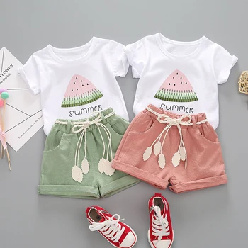 Дрехи за малките момичета, летен моден детски костюм, с кръгло деколте, памучен тениска + шорти, подходящи за деца от 1 до 4 години, комплект за малки момичета