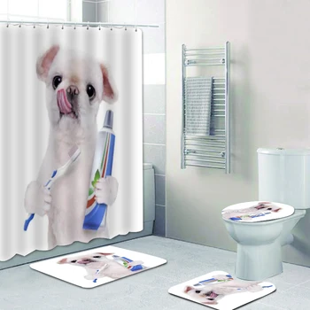 Забавно сладко почистване на зъбите, душ Завеса за баня за кученце, Душ завеса за баня, 3D Куче с четка за зъби, душ завеса за баня, килими, декорация за тоалетна
