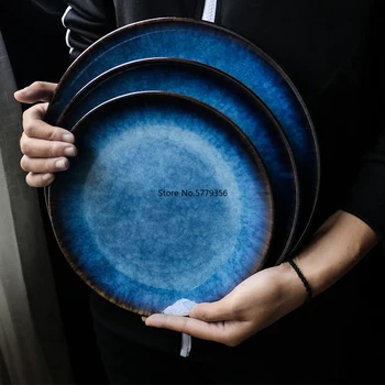 Изчистена и стилна синя с чиния в западен стил, е Плоска чиния в японски стил, кръгла чиния пържола за домашна и комерсиална употреба