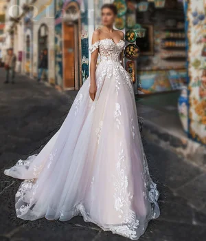 Иллюзионные сватбени рокли 2023 от тюл с кружевными апликации, секси лятна рокля трапецовидна форма с открити рамене De Mariée Vestido De Noiva