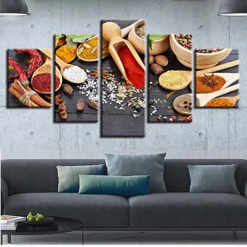 Картини върху платно, стена на ресторант HD щампи 5 бр. лъжица зърна от подправки картини кухня храна плакат Рамка за домашен декор