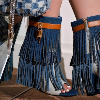 Колекция от 2023 година, пролетно-летни модни обувки с пискюли и рибено уста, женски ботуши на танкетке с метална ключалка, дишащи стръмни дънкови обувки за жени