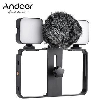 Комплект камера за смартфон Andoer с мини-led заполняющими лампи, микрофон, ударное планина, ветрозащитный екран за директно излъчване на видеоклипове по телефона