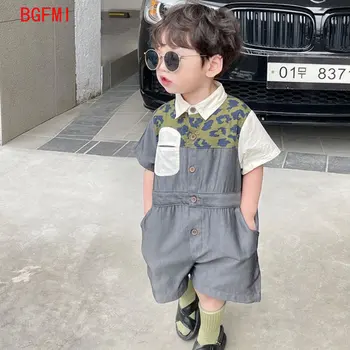 Летни детски дрехи, корейски гащеризон за момичета, памучни панталони с къси ръкави за по-малките момчета, копчета, ежедневни детски дрехи от 2 до 8 години