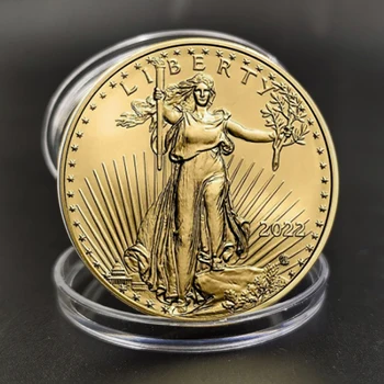 Лимитирана серия 2022 г., възпоменателна монета под формата на Богинята на Свободата и 24-каратная златна монета във формата на главата на американския орел, почетен знак