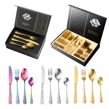 Луксозен комплект съдове за готвене от 24 теми - Дебели стейковые ножове и вилици от неръждаема стомана, със сребърен, златен и светла тапицерия в кутия за Подарък