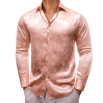 Луксозни Ризи за мъже с дълъг ръкав, копринен сатен, розово цвете, приталенные мъжки блузи, блузи с яка, копчета, Дишащи дрехи