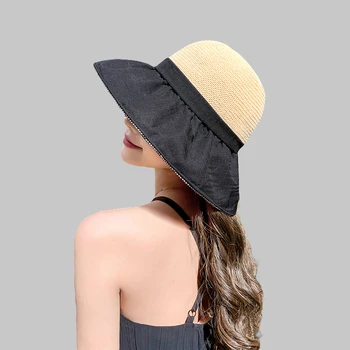 Лятна дишаща вязаная солнцезащитная шапка за жени, куха сламена шапка, солнцезащитная шапка с голяма периферия, плажна шапка за басейна
