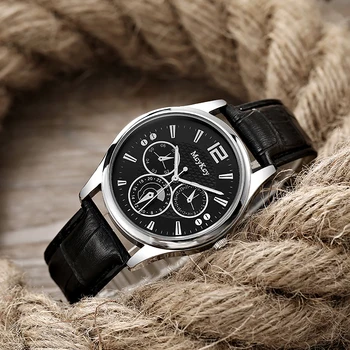 Моден кварцов часовник Three Eyes Watch, висок клас марка, луксозни мъжки часовници, кожена каишка, мъжки, черно-бял стъклен колан, мъжки