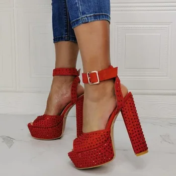 Модни сандали на масивна токчета с червени кристали, каишка за щиколотке, открит чорап, лятна модельная обувки на висока платформа, деколтета