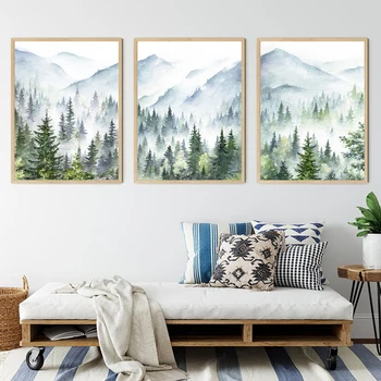 Мъгла гора, щампи върху платно, природен пейзаж, живопис, акварел, плакати на скандинавскую тема, Планински пейзаж, стенни пана, домашен декор