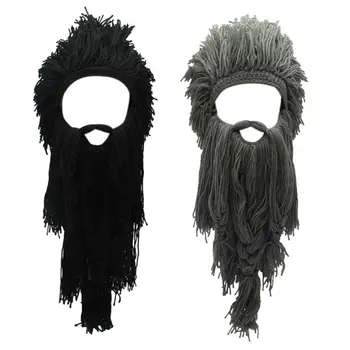Мъжки Дамски хет-перука ръчно плетени в стил варварин Viking с подвижна дълга фалшива брада, Забавен луд топла шапка за cosplay на Хелоуин