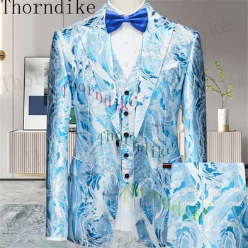 Мъжки костюми Thorndike, Комплект от 3 теми, С Ревера на Една пуговице, Модни Костюми за Бала, Оборудвана Блейзър, Комплекти мъжки Сватбени Облекла, Сака + Панталони + Жилетка