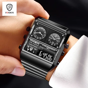 Мъжки часовник FOXBOX, кварцови часовници, мъжки квадратни цифров часовник, ръчен часовник с каишка от неръждаема стомана, мъжки часовник Relogio Masculino + кутия