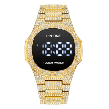 Мъжки часовник PINTIME, цифров часовник, led дисплей, циферблат, водоустойчив каишка от неръждаема стомана, луксозна диамантена Montre Homme Relogio Gold