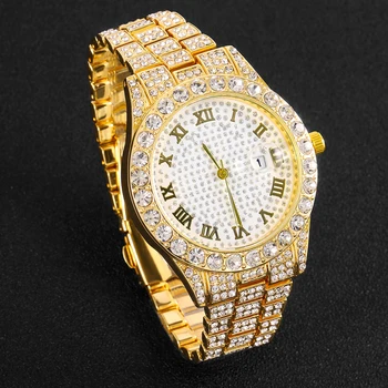 Мъжки часовници от сребрист злато, мъжки часовници, най-добрата марка за луксозни гривна с диаманти, кварцов ръчен часовник от неръждаема стомана, бизнес часовници