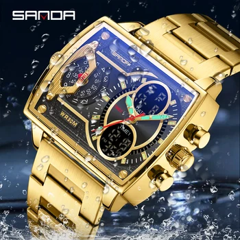 На BIANA Луксозни мъжки часовник от висок клас марка, модерни цифрови кварцови часовници е от неръждаема стомана, с двоен дисплей, мъжки Часовник Relogio Masculino