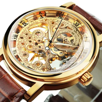 Победител Прозрачен Златен Корпус на Часовника-Скелет за Мъже с Кожена Каишка Мъжки Часовник Най-добрата Марка на Луксозни Механични Часовници часовници мъжки