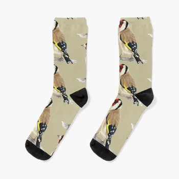 Подробни чорапи, боядисани ръчно, акварел goldfinch, подарък за мъж