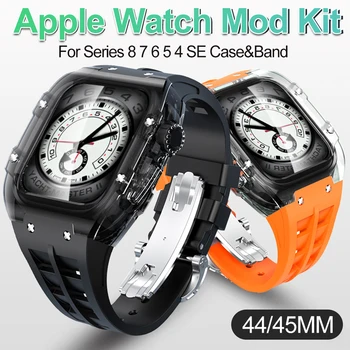 Прозрачен Комплект Модификация Калъф и Спортен Каишка За Apple Watch 44 мм 45 мм, Гумен ремък за iWatch Серия 8 7 6 5 4 SE